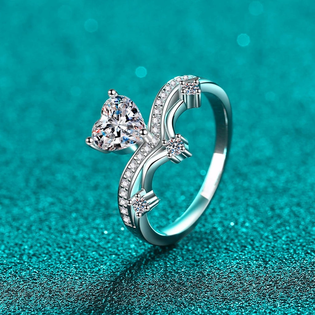 Heart Cut Moissanite Side Stone Engagement Ring with CZ product view showing moissanite setting and metal finish