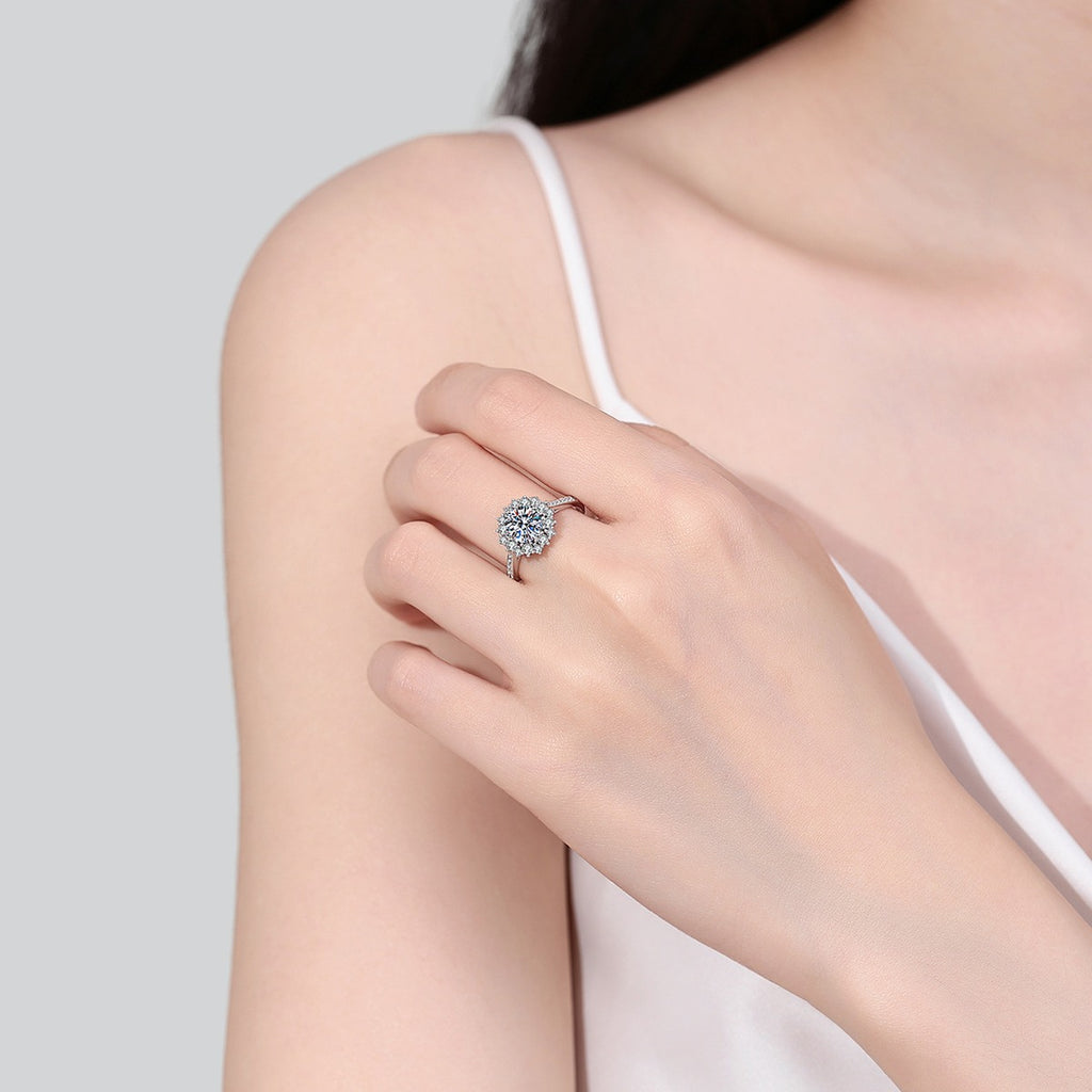 Round Moissanite Side Stone Ring with CZ in Rhodium-Plated S925 Sterling Silver worn on hand, showing scale, finger coverage, and rhodium-plated finish