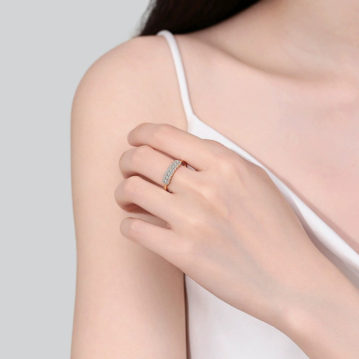 Pave Moissanite Stackable Ring worn on hand to show scale, band width, and ring profile