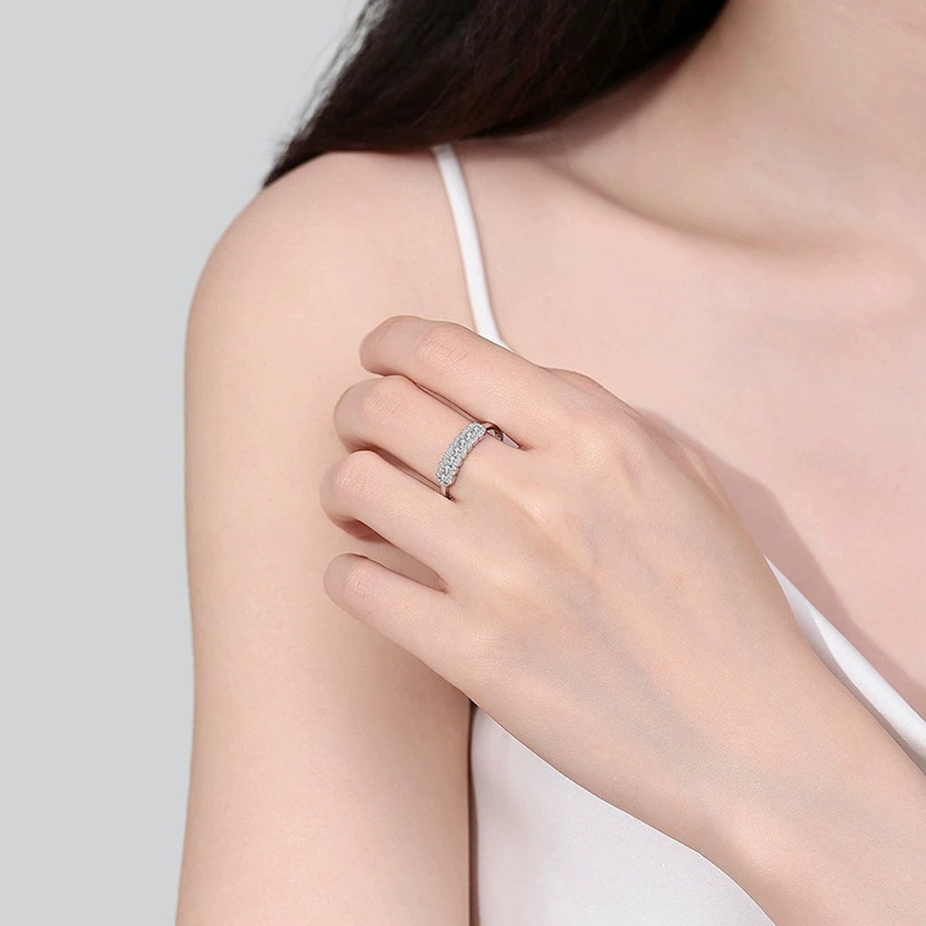Pave Moissanite Stackable Ring worn on hand to show scale, band width, and ring profile