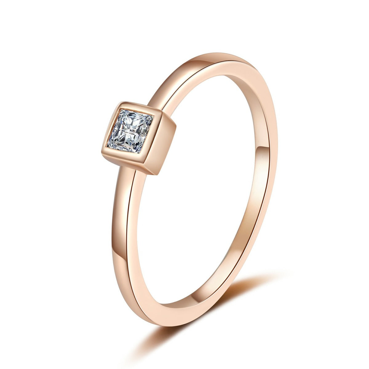 Princess Cut Moissanite Band Ring in champagne gold-plated S925 sterling silver on clean white background