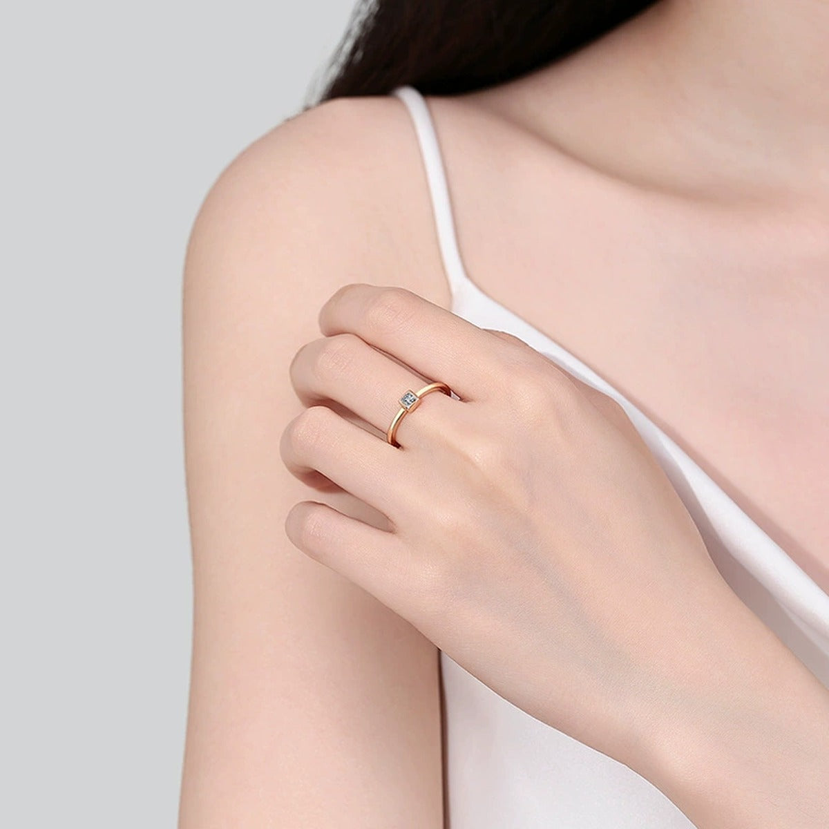 Princess Cut Moissanite Band Ring worn on hand to show scale, band width, and ring profile