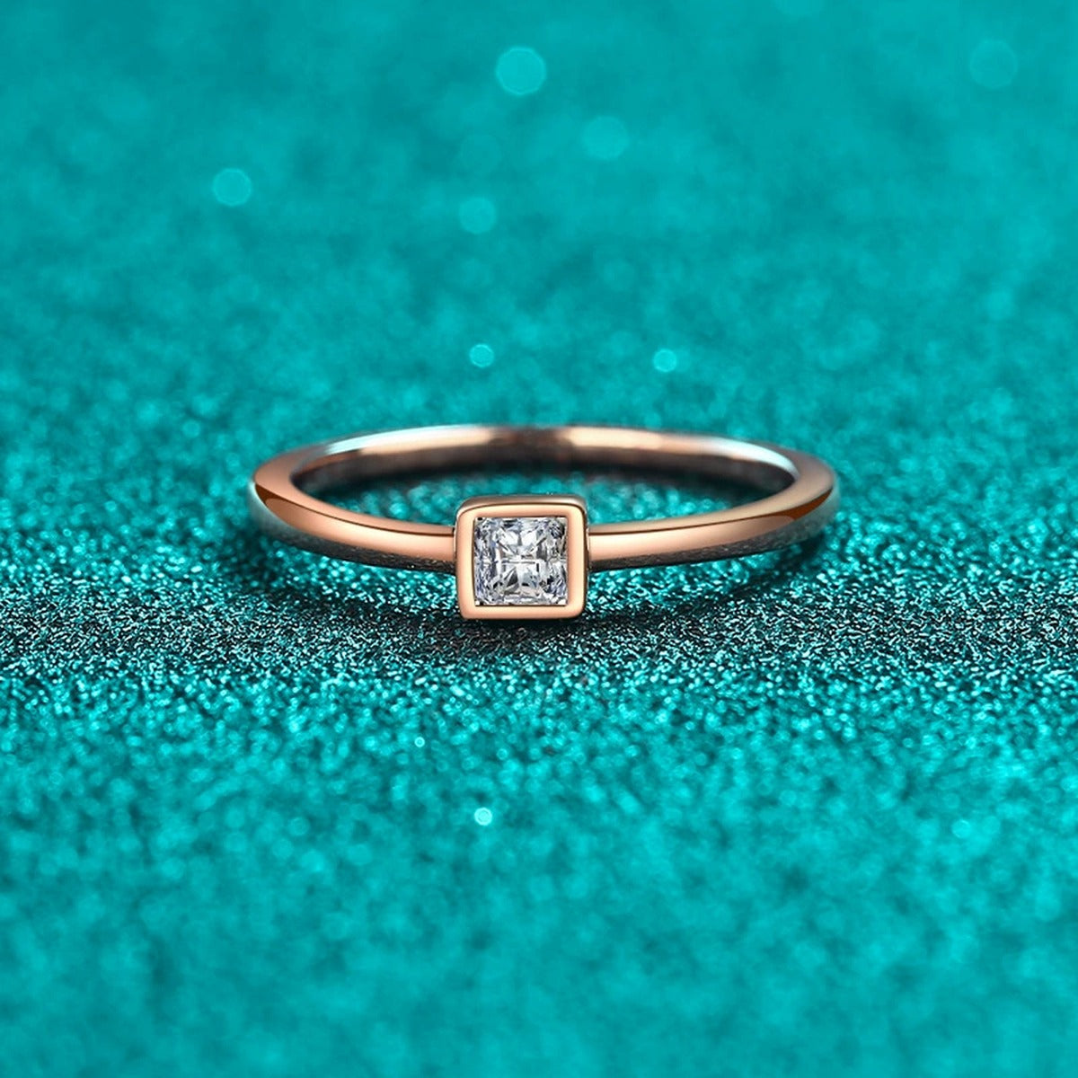 Princess Cut Moissanite Band Ring product view showing moissanite setting and metal finish