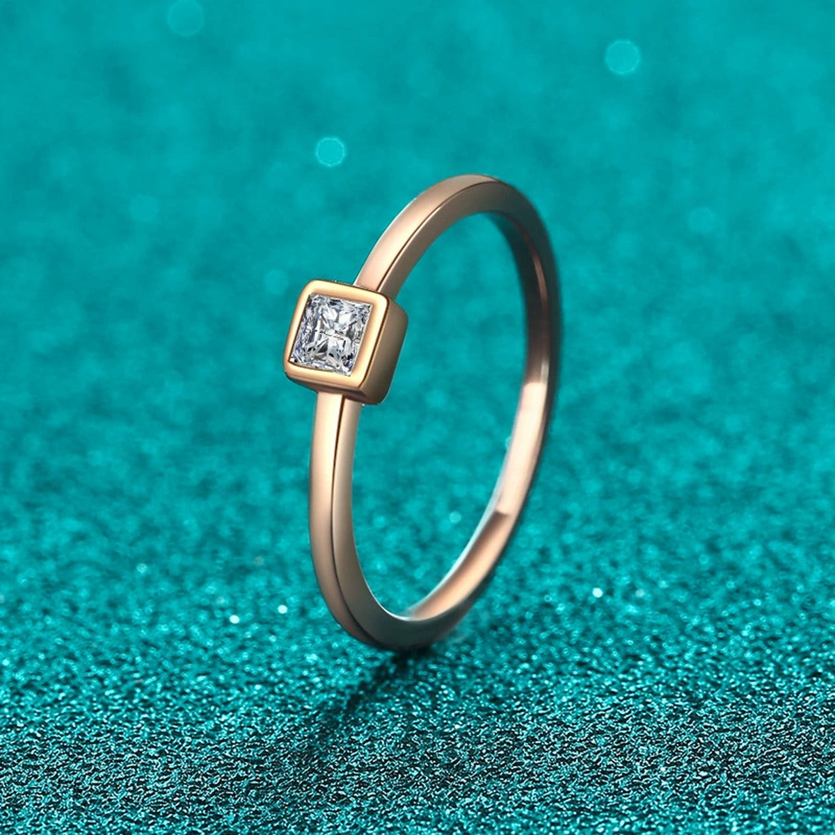 Princess Cut Moissanite Band Ring product view showing moissanite setting and metal finish