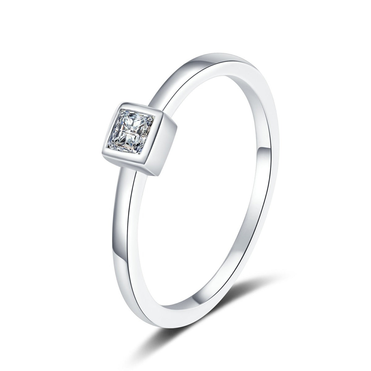 Princess Cut Moissanite Band Ring in rhodium-plated S925 sterling silver on clean white background