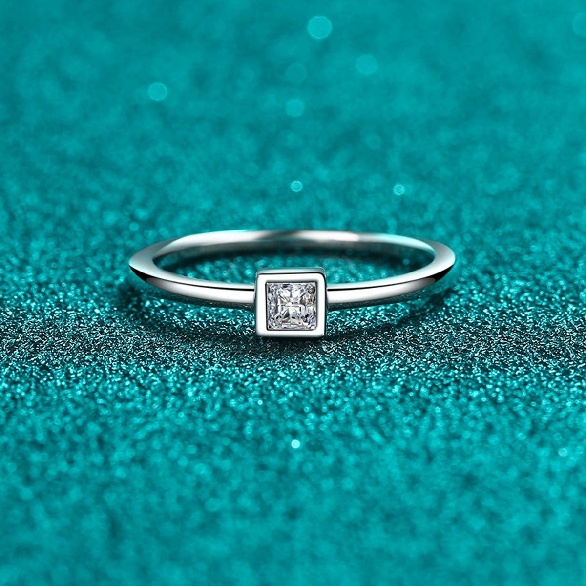 Princess Cut Moissanite Band Ring product view showing moissanite setting and metal finish
