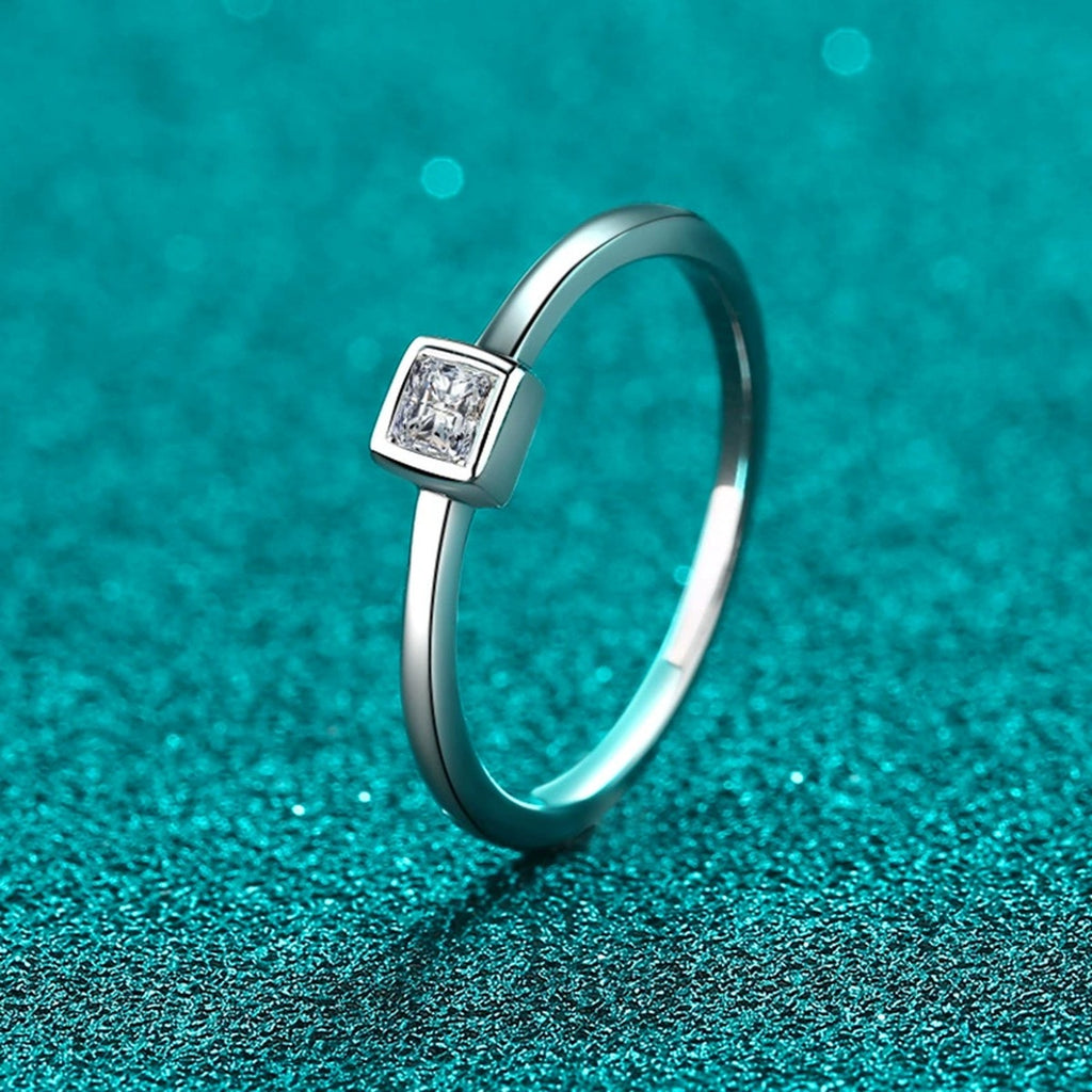 Princess Cut Moissanite Band Ring product view showing moissanite setting and metal finish