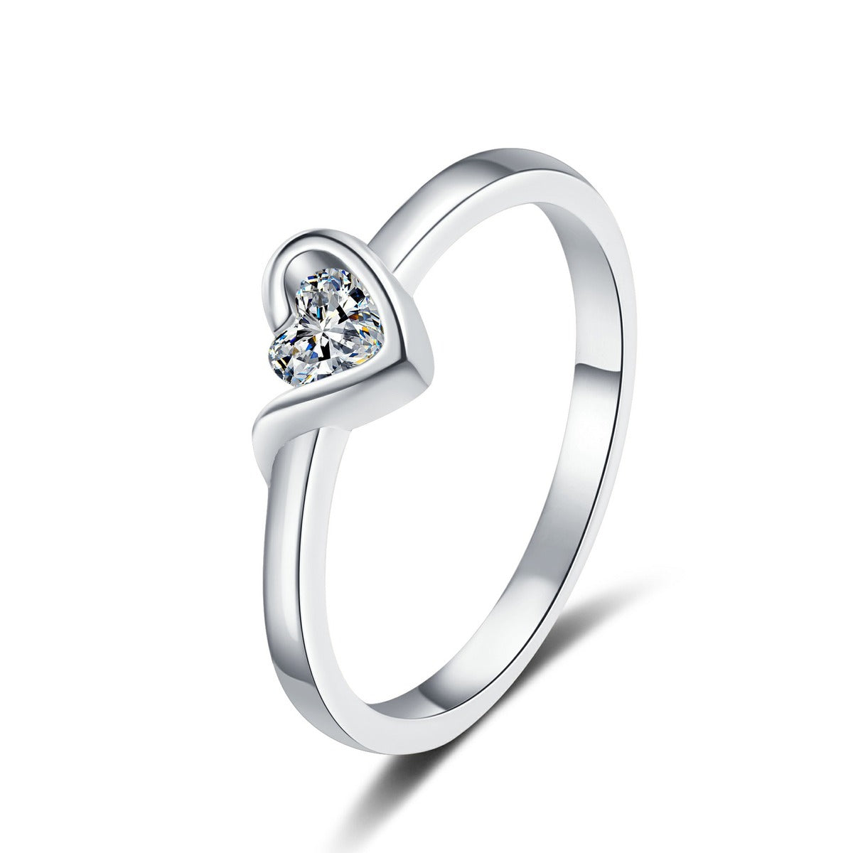 Heart Cut Moissanite Promise Ring in rhodium-plated S925 sterling silver on clean white background