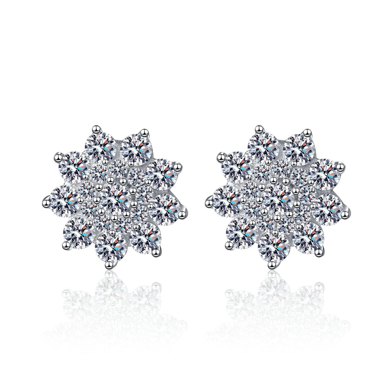 Snowflake Moissanite Stud Earrings in Rhodium-Plated S925 sterling silver white background product photo showing the pair, stone shape, and stud earrings silhouette