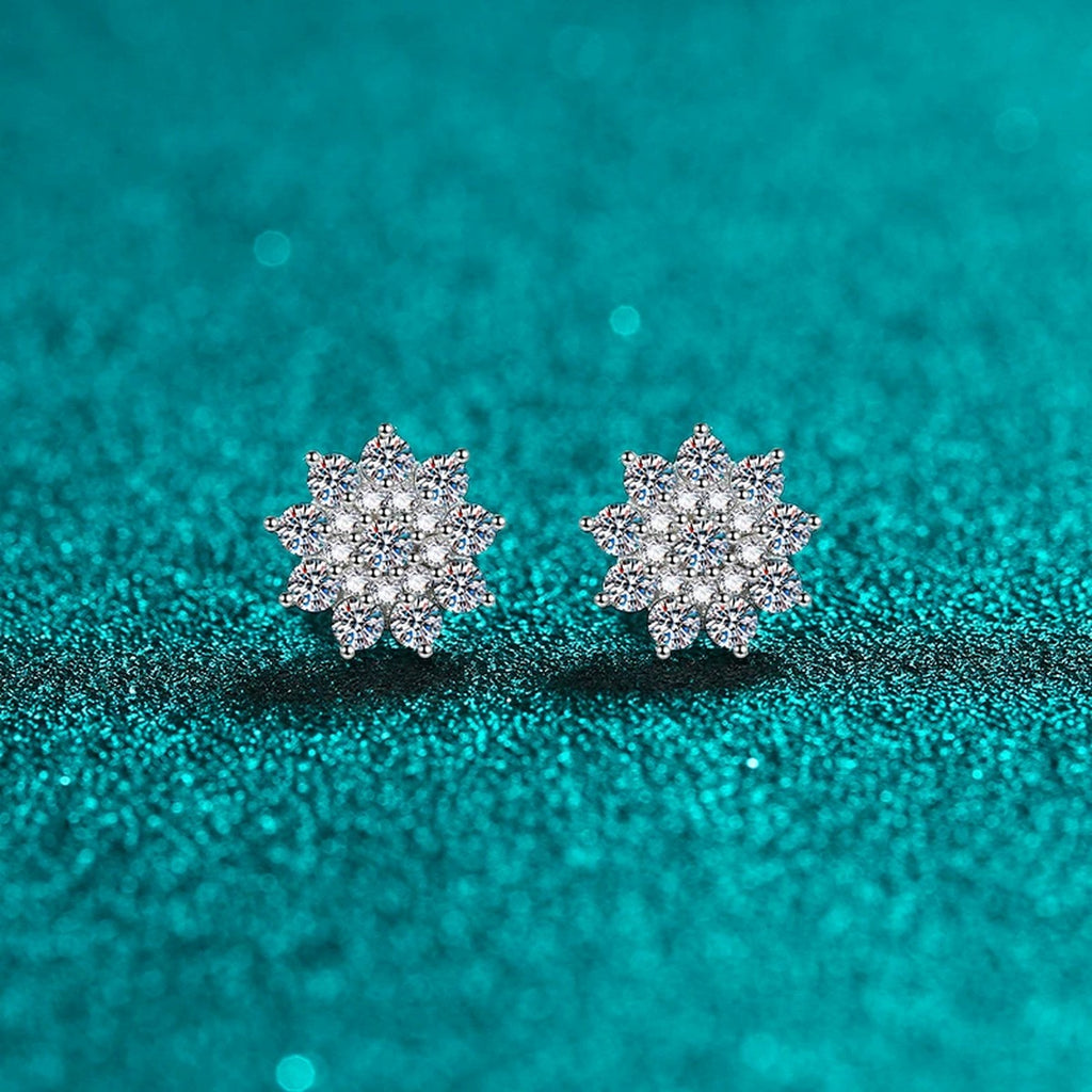 Snowflake Moissanite Stud Earrings in Rhodium-Plated S925 sterling silver product scene view showing front sparkle