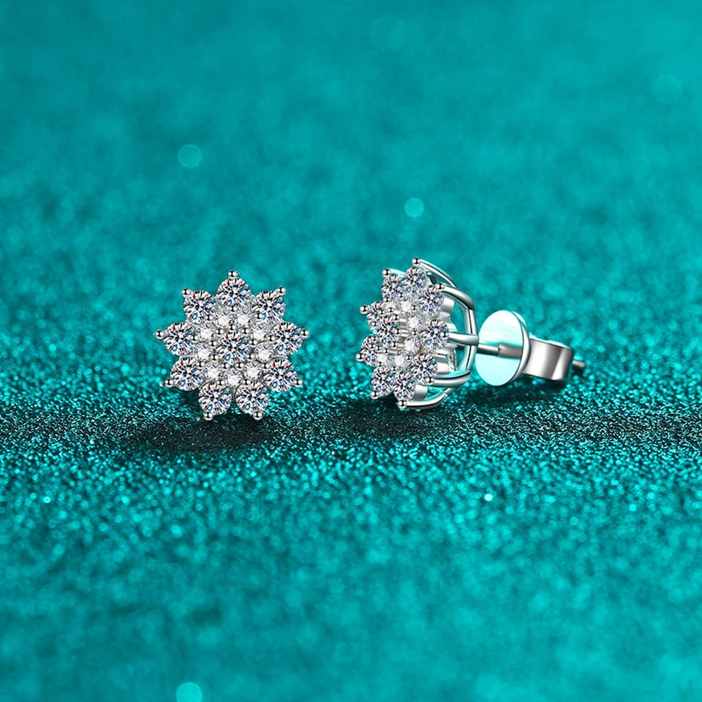 Snowflake Moissanite Stud Earrings in Rhodium-Plated S925 sterling silver product scene view showing angled setting detail