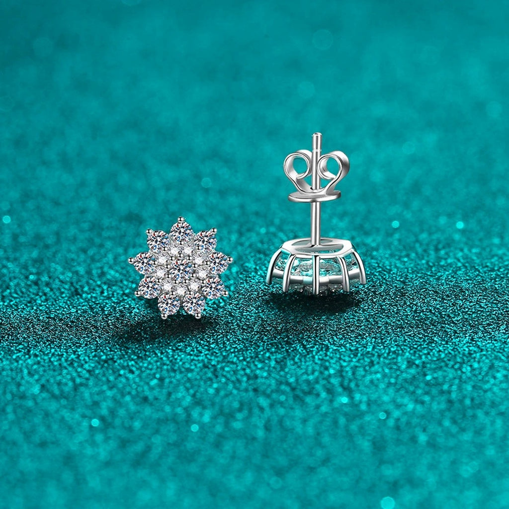 Snowflake Moissanite Stud Earrings in Rhodium-Plated S925 sterling silver product scene view showing side profile