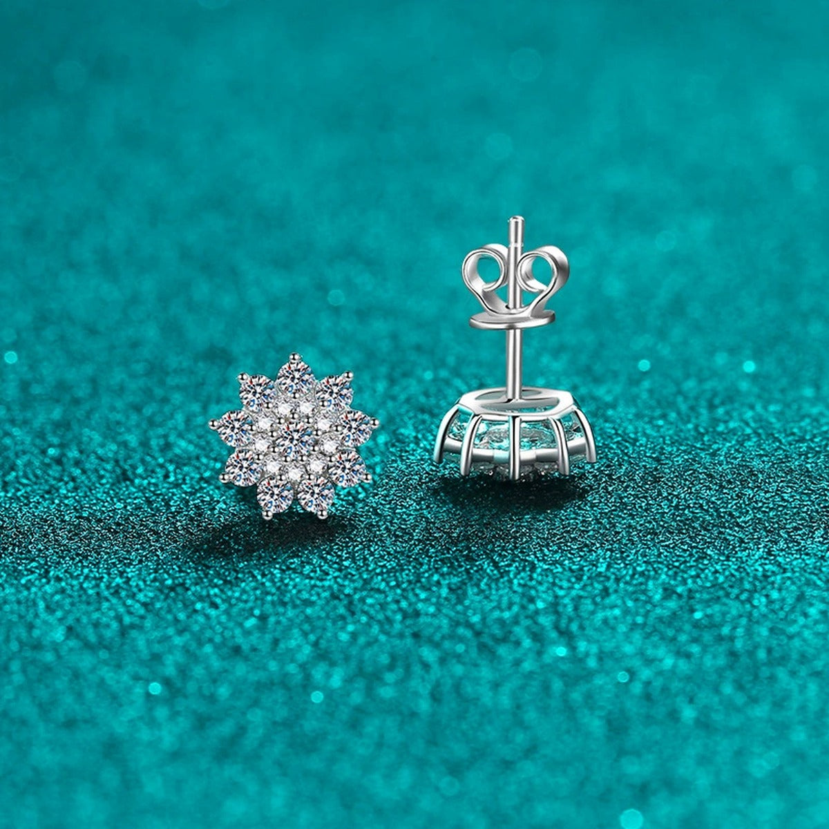 Snowflake Moissanite Stud Earrings in Rhodium-Plated S925 sterling silver product scene view showing side profile