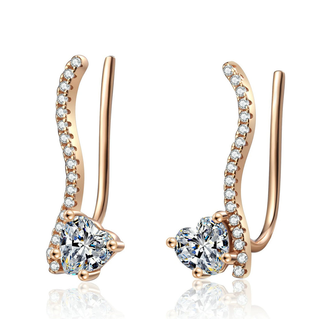 Heart Moissanite Hook Ear Climber Earrings with CZ in Champion Gold-Plated S925 sterling silver white background product photo showing the pair, stone shape, and earrings silhouette