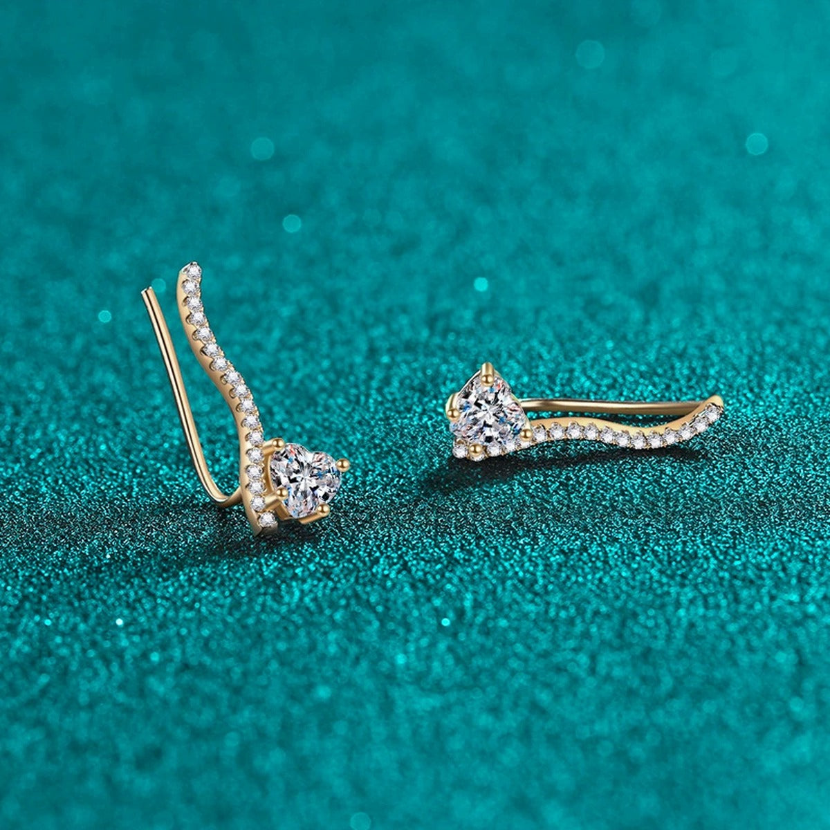Heart Moissanite Hook Ear Climber Earrings with CZ in Champion Gold-Plated S925 sterling silver product scene view showing front sparkle