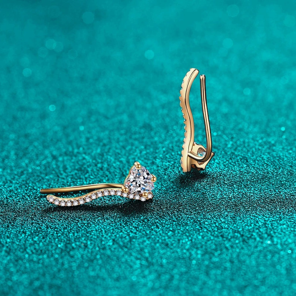 Heart Moissanite Hook Ear Climber Earrings with CZ in Champion Gold-Plated S925 sterling silver product scene view showing angled setting detail