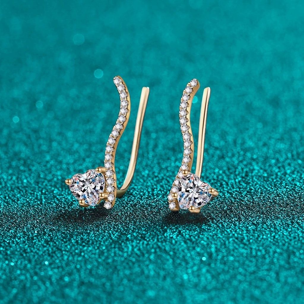 Heart Moissanite Hook Ear Climber Earrings with CZ in Champion Gold-Plated S925 sterling silver product scene view showing side profile