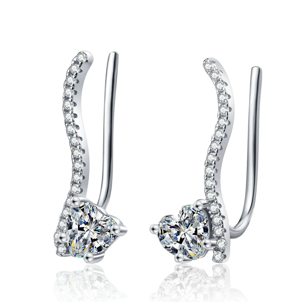 Heart Moissanite Hook Ear Climber Earrings with CZ in Rhodium-Plated S925 sterling silver white background product photo showing the pair, stone shape, and earrings silhouette