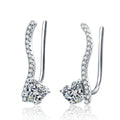 Heart Moissanite Hook Ear Climber Earrings with CZ in Rhodium-Plated S925 sterling silver white background product photo showing the pair, stone shape, and earrings silhouette