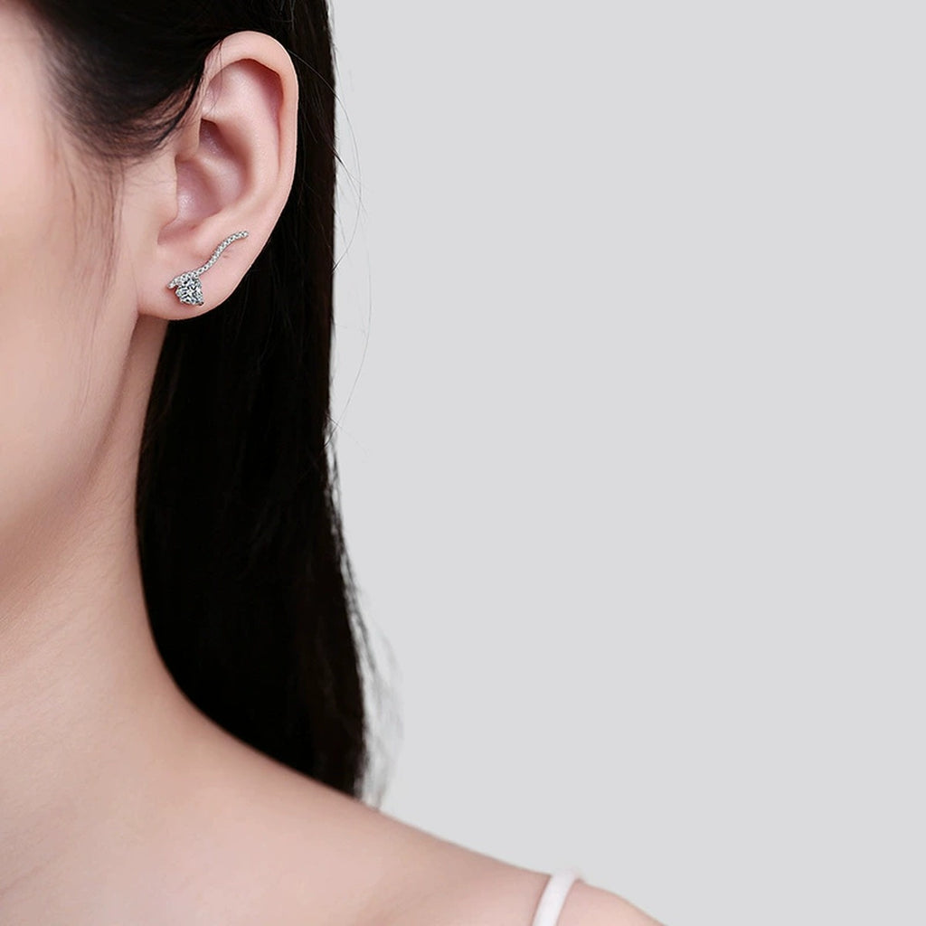 Heart Moissanite Hook Ear Climber Earrings with CZ in Rhodium-Plated S925 sterling silver worn on ear by model showing scale, placement, and earrings styling