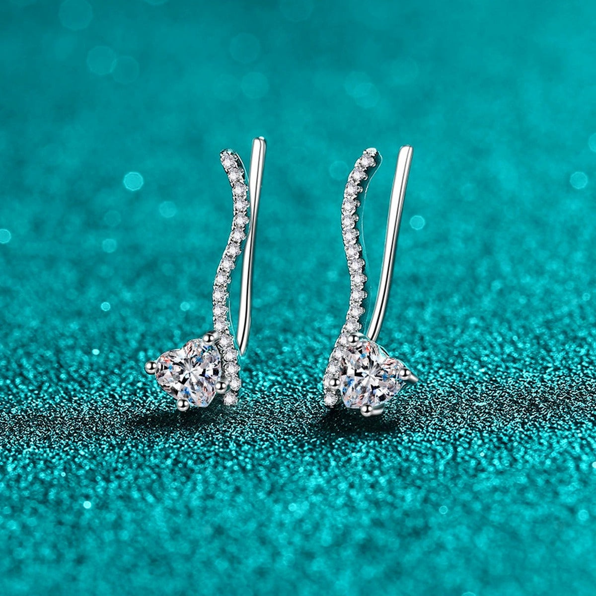 Heart Moissanite Hook Ear Climber Earrings with CZ in Rhodium-Plated S925 sterling silver product scene view showing front sparkle