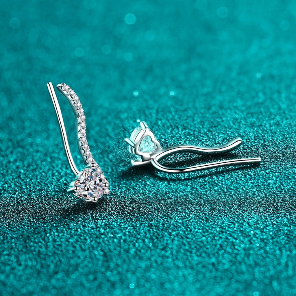 Heart Moissanite Hook Ear Climber Earrings with CZ in Rhodium-Plated S925 sterling silver product scene view showing angled setting detail