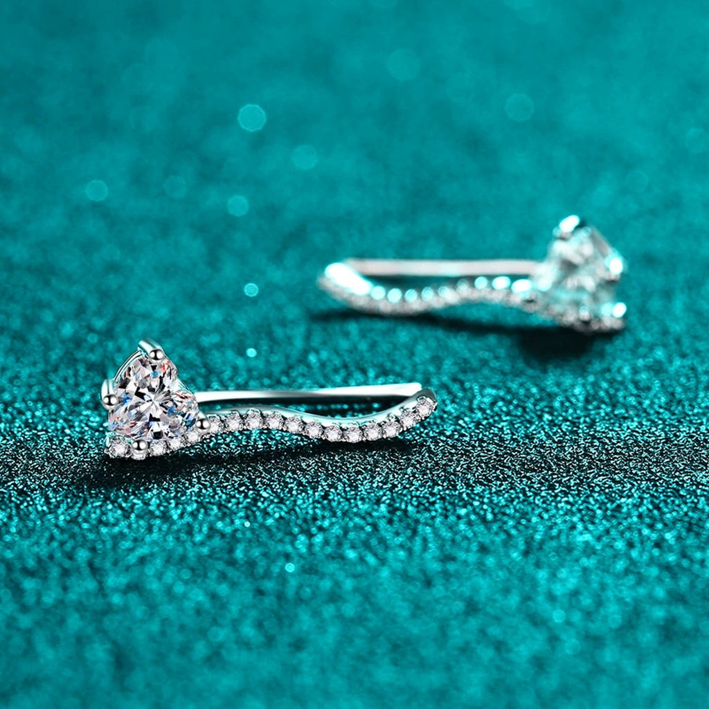 Heart Moissanite Hook Ear Climber Earrings with CZ in Rhodium-Plated S925 sterling silver product scene view showing side profile