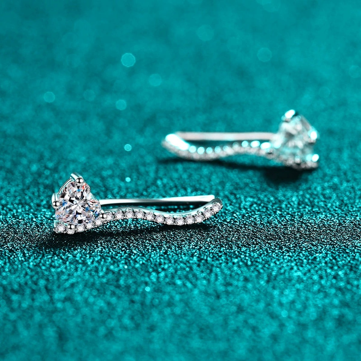 Heart Moissanite Hook Ear Climber Earrings with CZ in Rhodium-Plated S925 sterling silver product scene view showing side profile