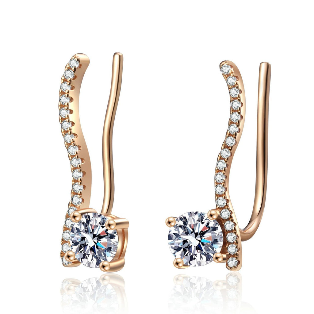 Round Moissanite Hook Ear Climber Earrings with CZ in Champion Gold-Plated S925 sterling silver white background product photo showing the pair, stone shape, and earrings silhouette