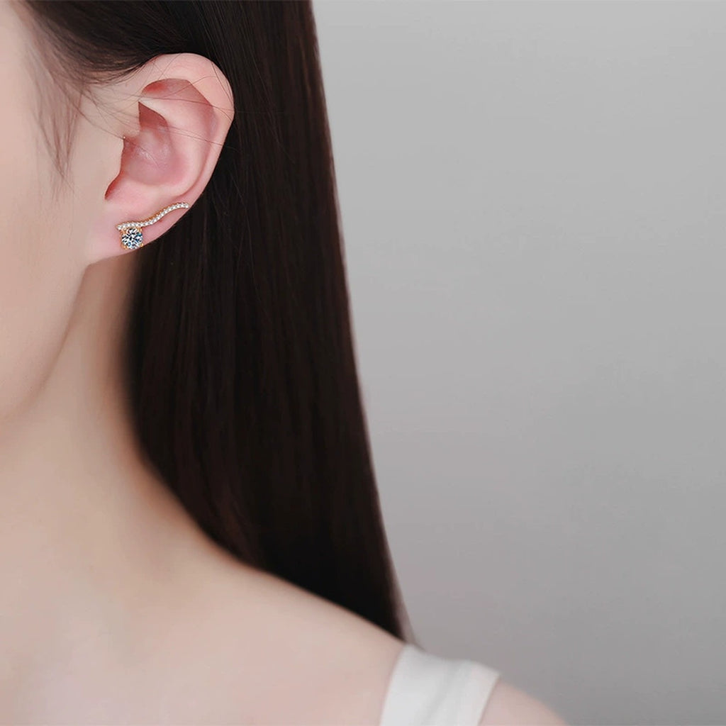 Round Moissanite Hook Ear Climber Earrings with CZ in Champion Gold-Plated S925 sterling silver worn on ear by model showing scale, placement, and earrings styling