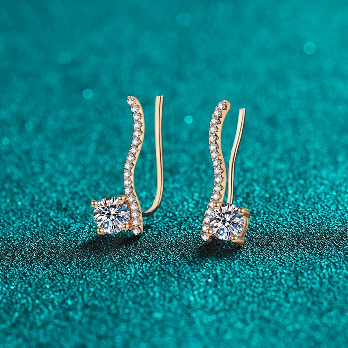 Round Moissanite Hook Ear Climber Earrings with CZ in Champion Gold-Plated S925 sterling silver product scene view showing front sparkle