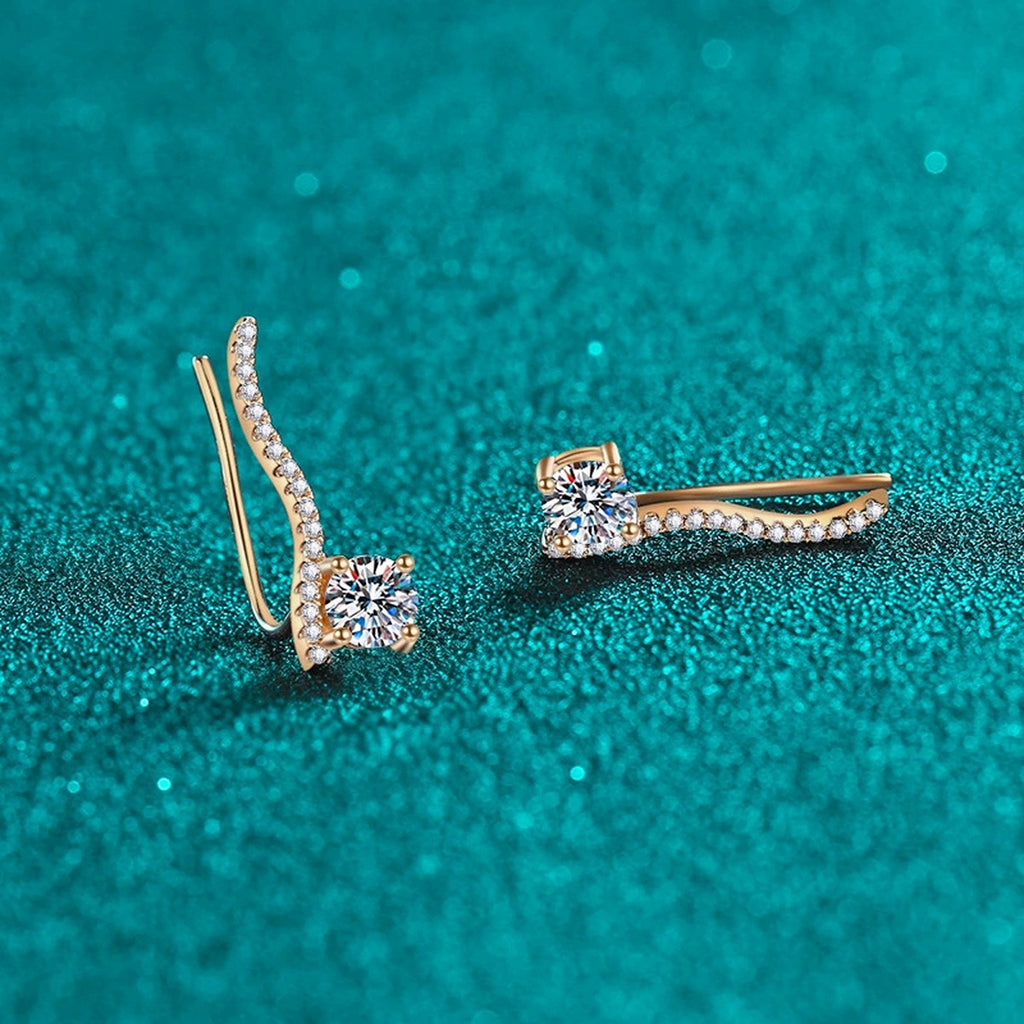 Round Moissanite Hook Ear Climber Earrings with CZ in Champion Gold-Plated S925 sterling silver product scene view showing angled setting detail