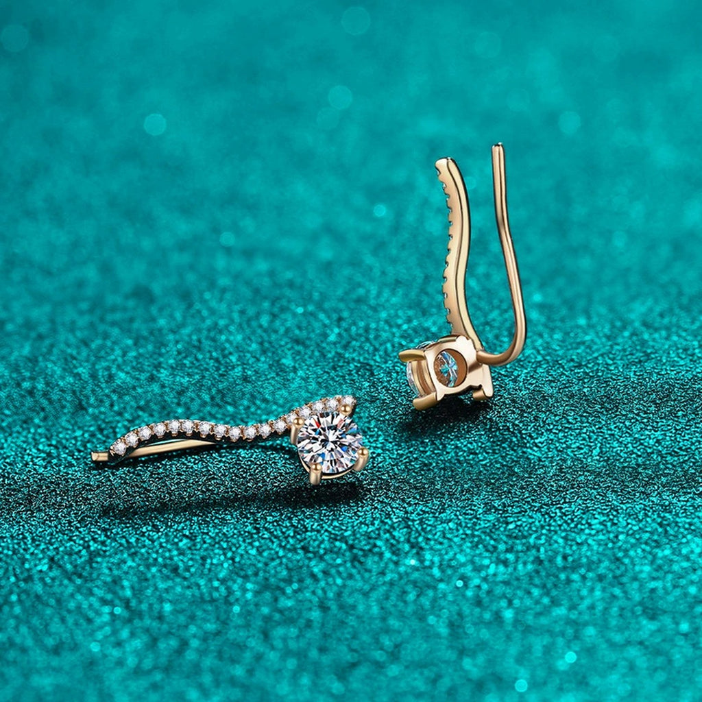 Round Moissanite Hook Ear Climber Earrings with CZ in Champion Gold-Plated S925 sterling silver product scene view showing side profile