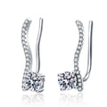Round Moissanite Hook Ear Climber Earrings with CZ in Rhodium-Plated S925 sterling silver white background product photo showing the pair, stone shape, and earrings silhouette