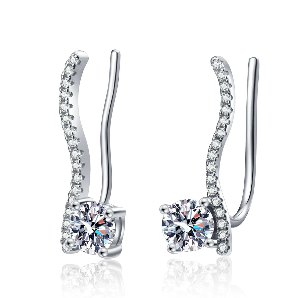 Round Moissanite Hook Ear Climber Earrings with CZ in Rhodium-Plated S925 sterling silver white background product photo showing the pair, stone shape, and earrings silhouette