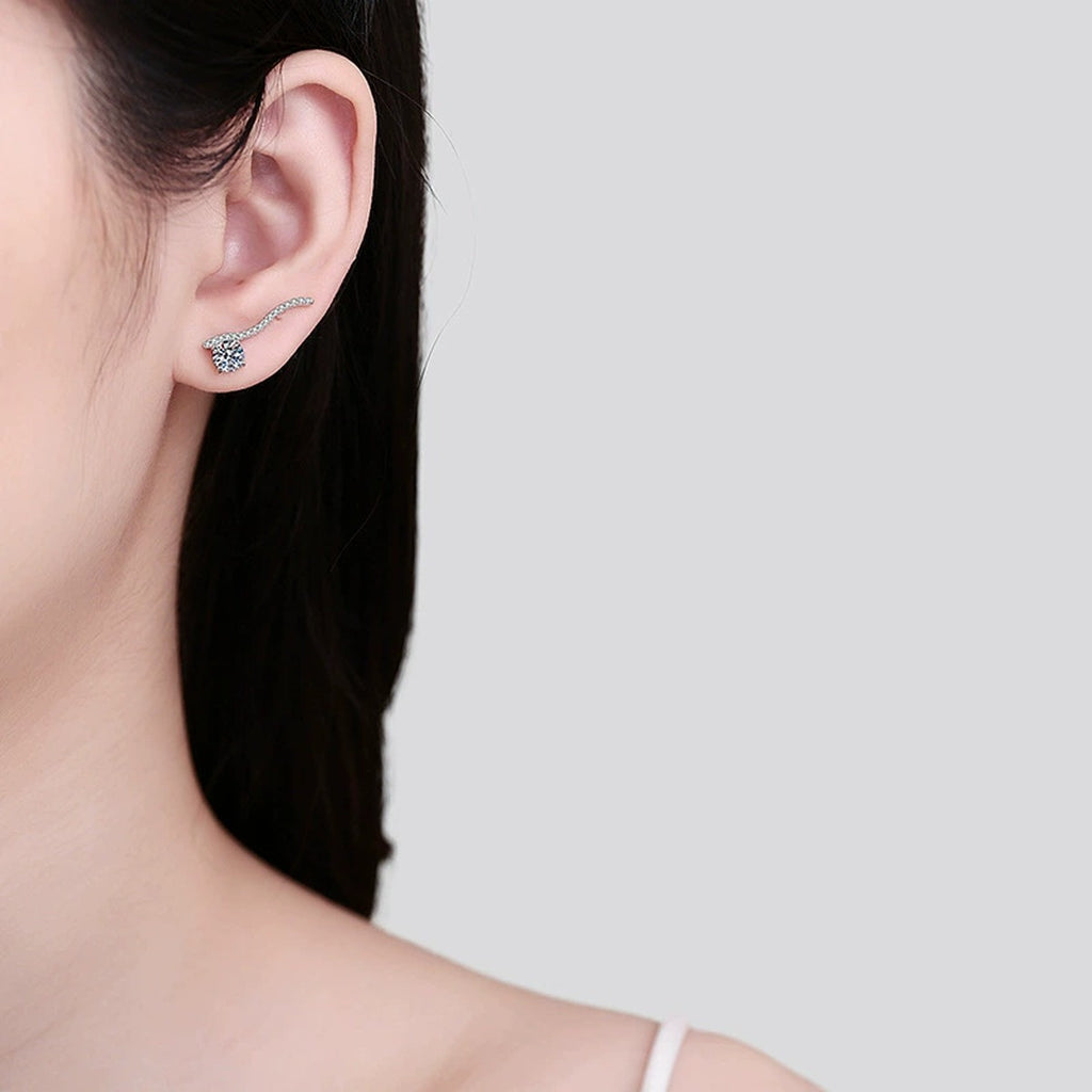 Round Moissanite Hook Ear Climber Earrings with CZ in Rhodium-Plated S925 sterling silver worn on ear by model showing scale, placement, and earrings styling