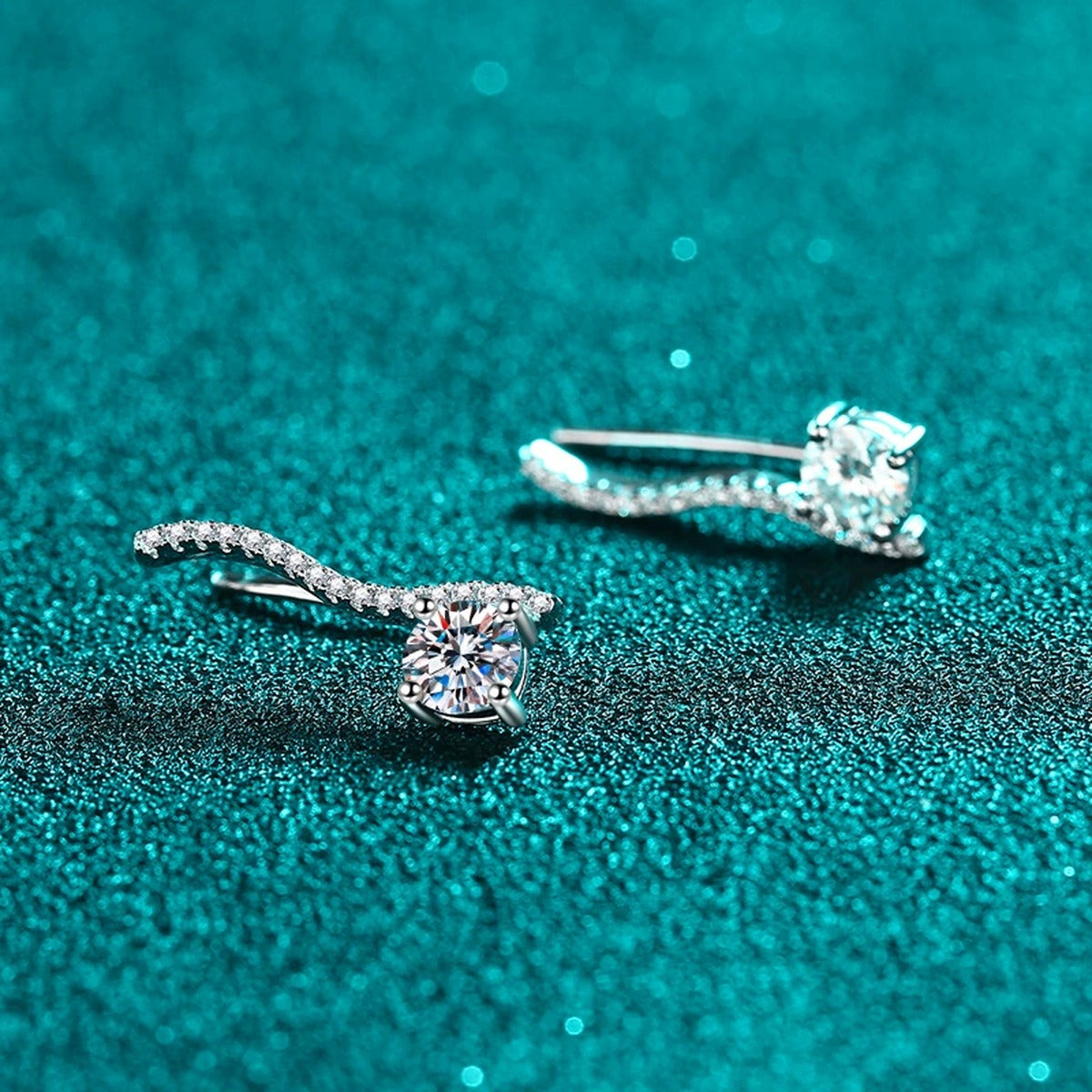 Round Moissanite Hook Ear Climber Earrings with CZ in Rhodium-Plated S925 sterling silver product scene view showing front sparkle