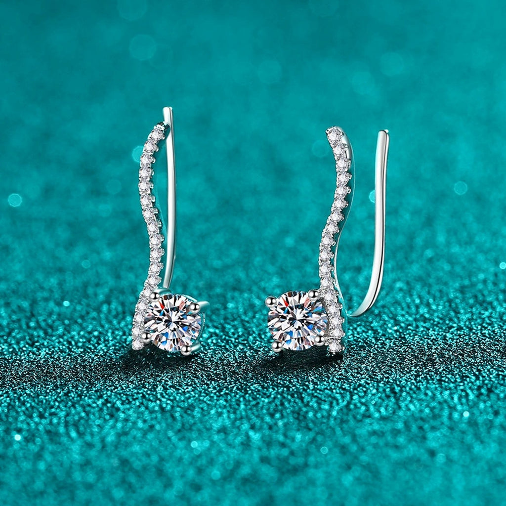 Round Moissanite Hook Ear Climber Earrings with CZ in Rhodium-Plated S925 sterling silver product scene view showing angled setting detail
