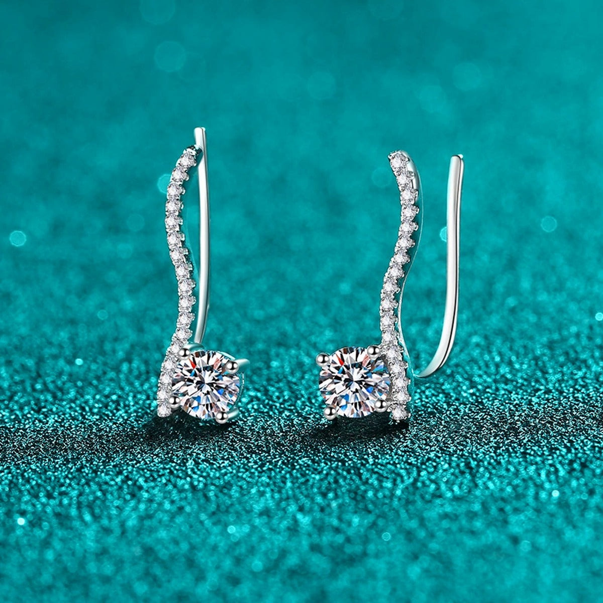 Round Moissanite Hook Ear Climber Earrings with CZ in Rhodium-Plated S925 sterling silver product scene view showing angled setting detail