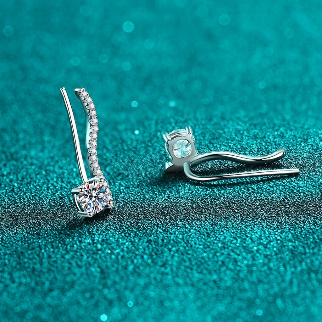 Round Moissanite Hook Ear Climber Earrings with CZ in Rhodium-Plated S925 sterling silver product scene view showing side profile