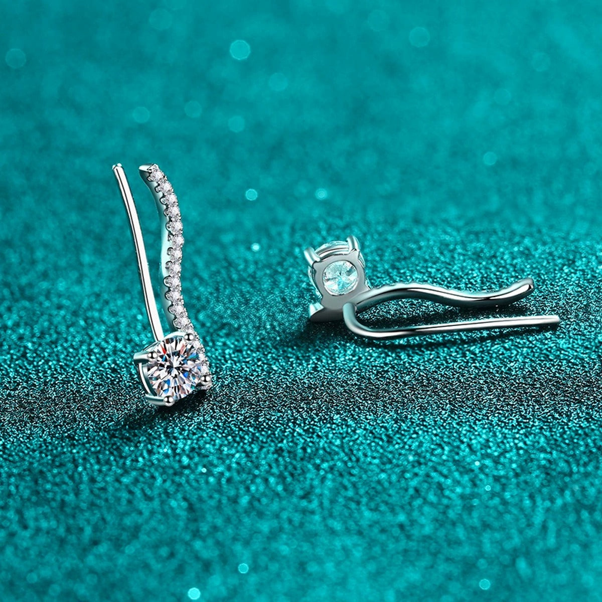 Round Moissanite Hook Ear Climber Earrings with CZ in Rhodium-Plated S925 sterling silver product scene view showing side profile