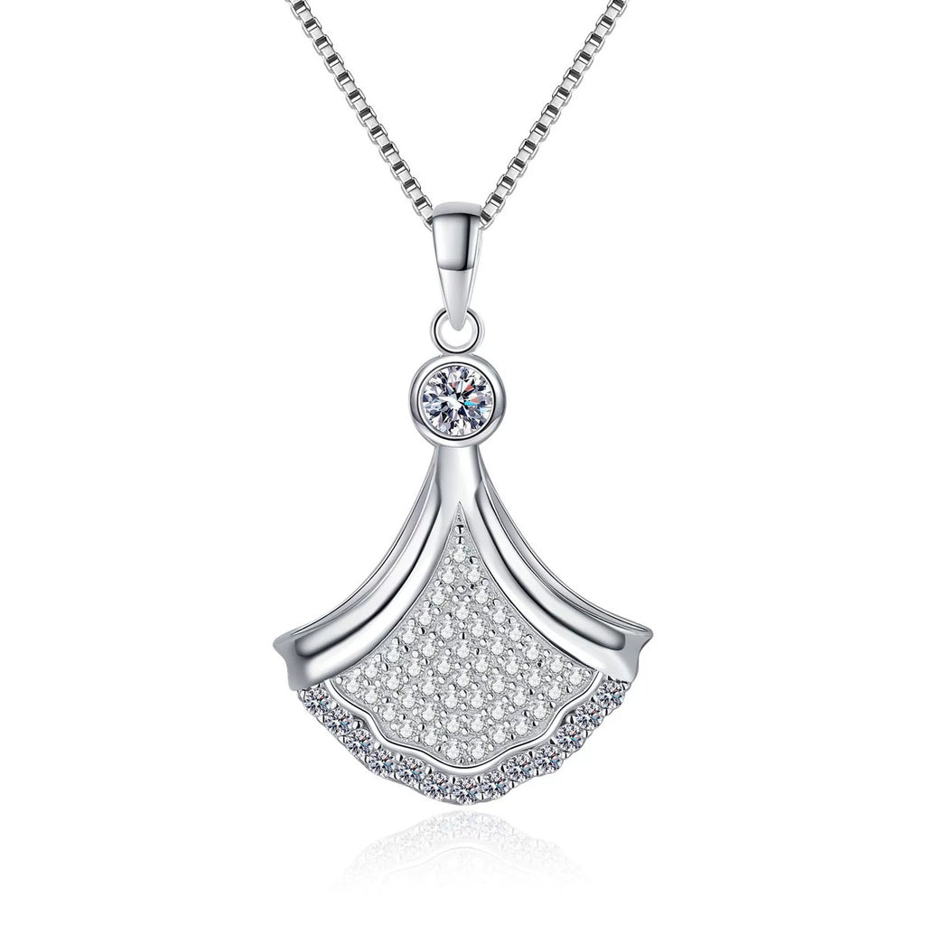 Fan Moissanite Pendant Necklace in Rhodium-Plated S925 sterling silver white background product photo showing fan-shaped pendant with pave-style round moissanite detail