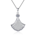 Fan Moissanite Pendant Necklace in Rhodium-Plated S925 sterling silver white background product photo showing fan-shaped pendant with pave-style round moissanite detail