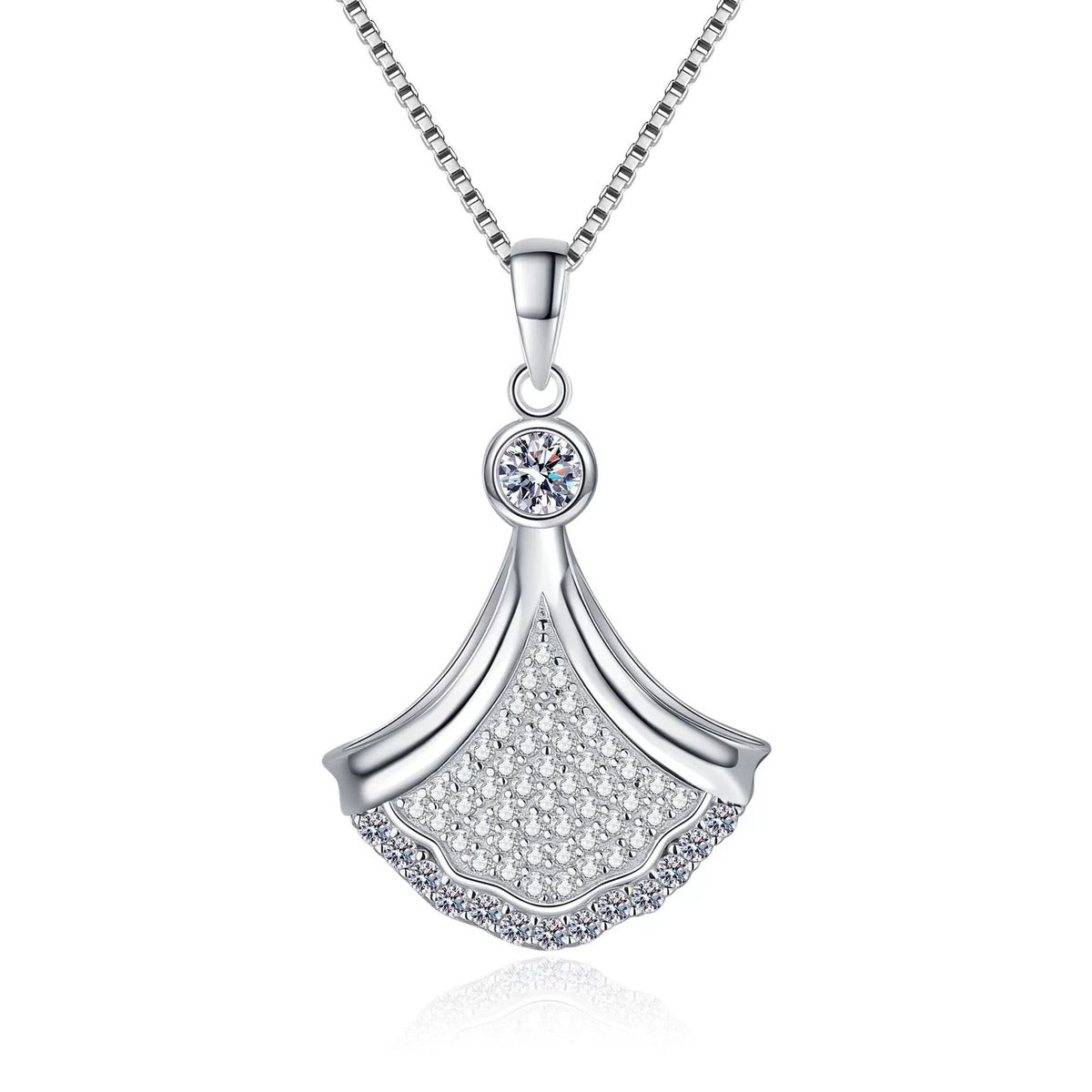 Fan Moissanite Pendant Necklace in Rhodium-Plated S925 sterling silver white background product photo showing fan-shaped pendant with pave-style round moissanite detail