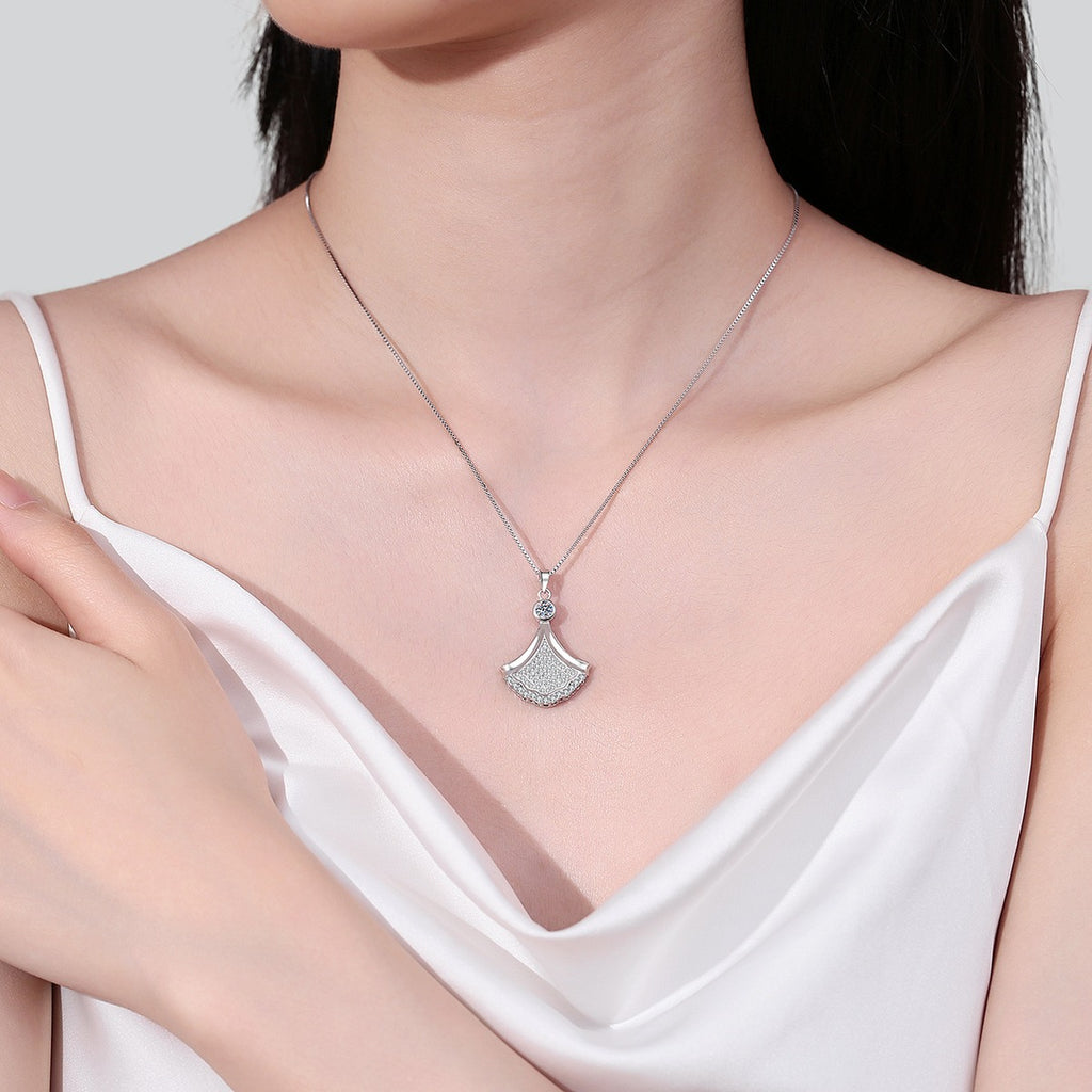 Fan Moissanite Pendant Necklace in Rhodium-Plated S925 sterling silver neckline model view showing pendant scale and chain length