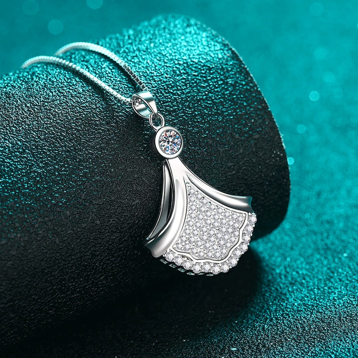 Fan Moissanite Pendant Necklace in Rhodium-Plated S925 sterling silver close-up product scene showing pendant setting
