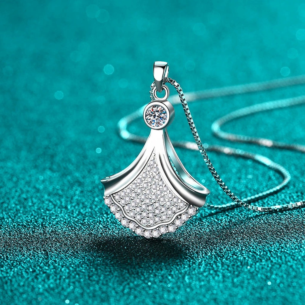 Fan Moissanite Pendant Necklace in Rhodium-Plated S925 sterling silver display scene showing chain and stone layout