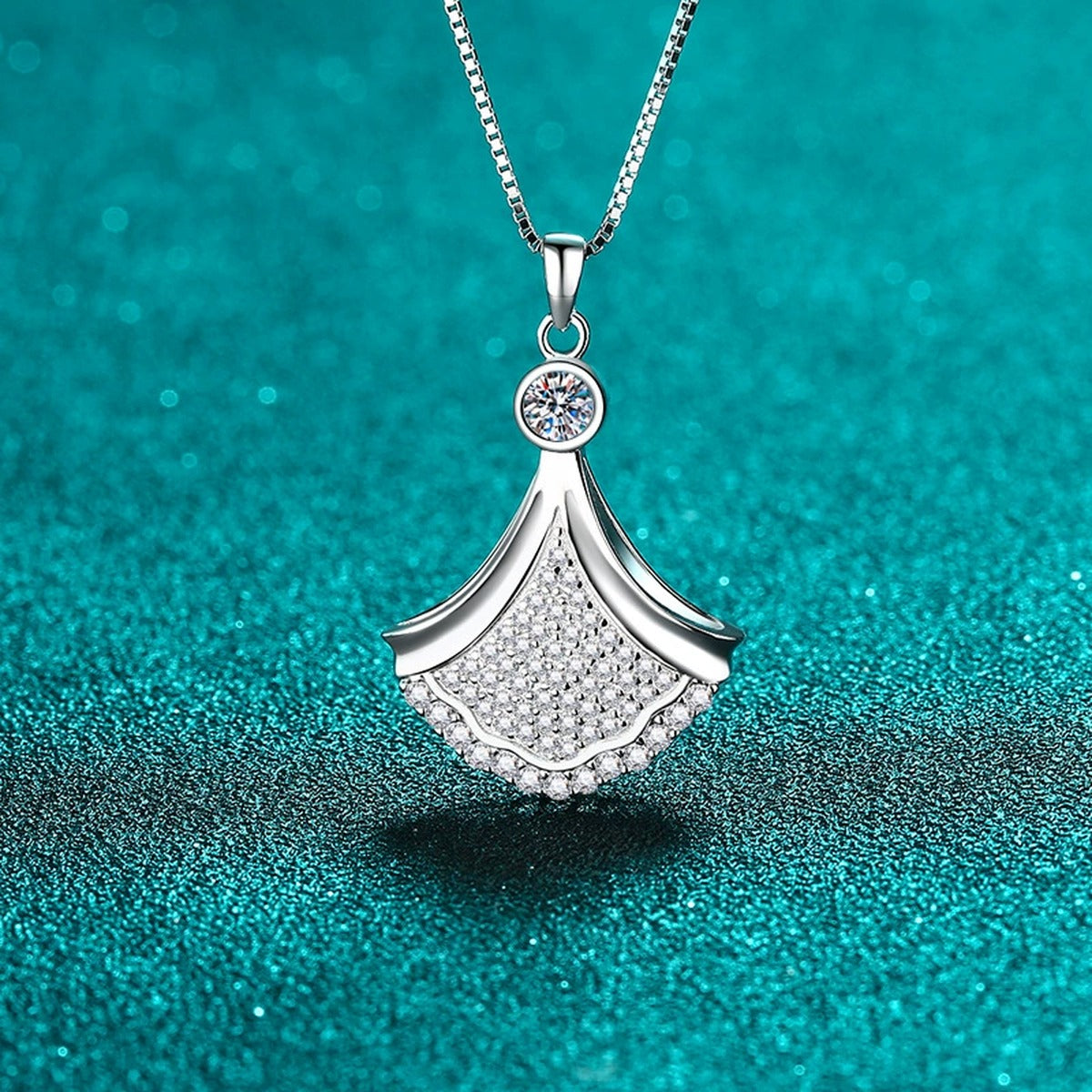 Fan Moissanite Pendant Necklace in Rhodium-Plated S925 sterling silver angled product detail view