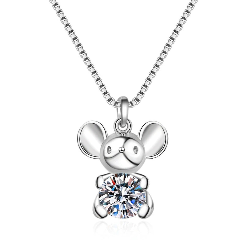 Mouse Moissanite Pendant Necklace in Rhodium-Plated S925 sterling silver on white background showing pendant shape and round moissanite
