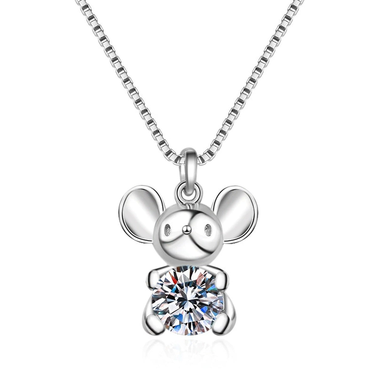 Mouse Moissanite Pendant Necklace in Rhodium-Plated S925 sterling silver on white background showing pendant shape and round moissanite